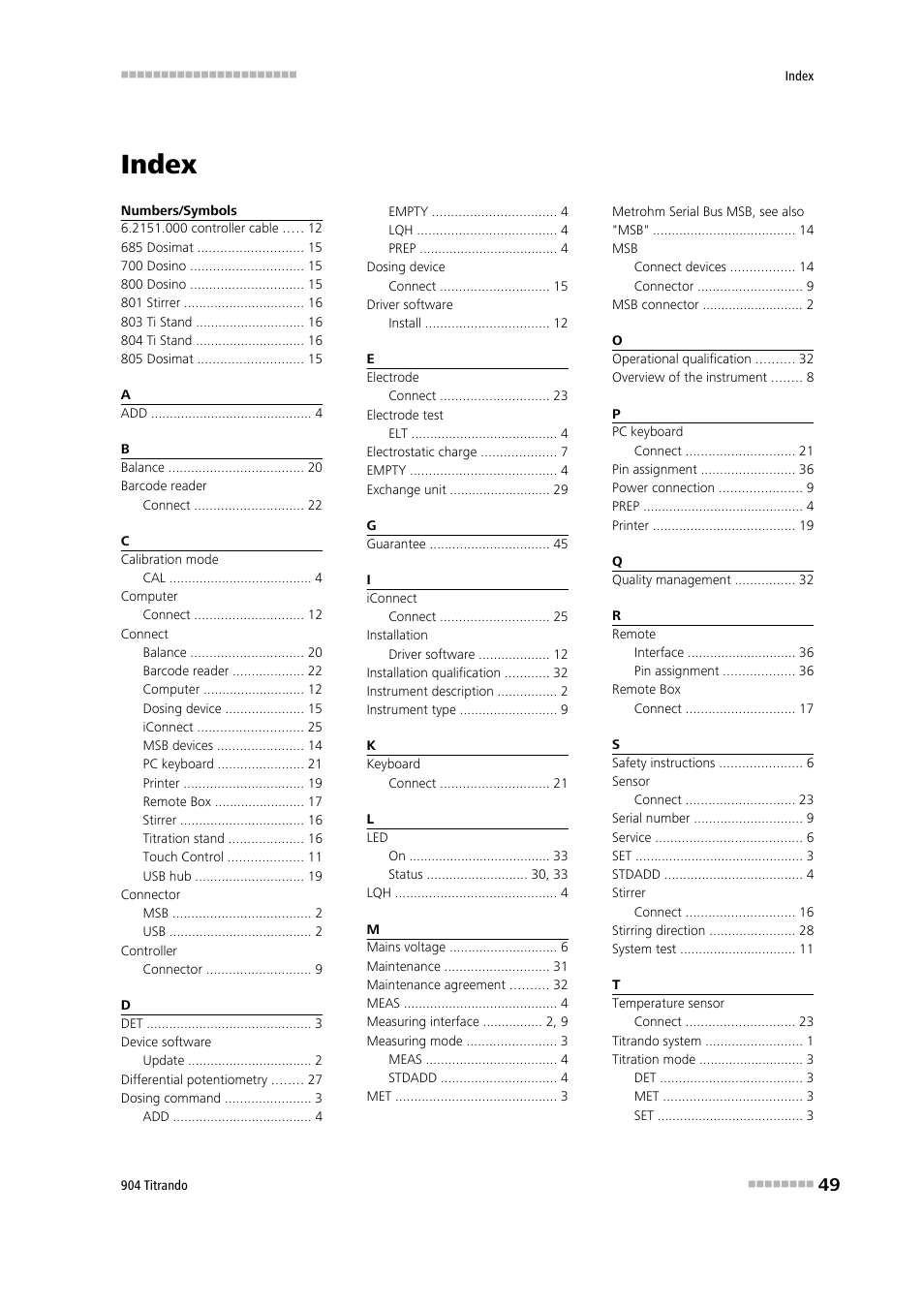 Index | Metrohm 904 Titrando User Manual | Page 57 / 58