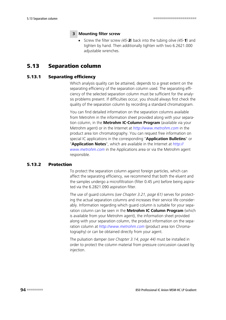 13 separation column, 1 separating efficiency, 2 protection | Separating efficiency, Protection | Metrohm 850 Professional IC Anion MSM-HC - LP-Gradient User Manual | Page 104 / 140