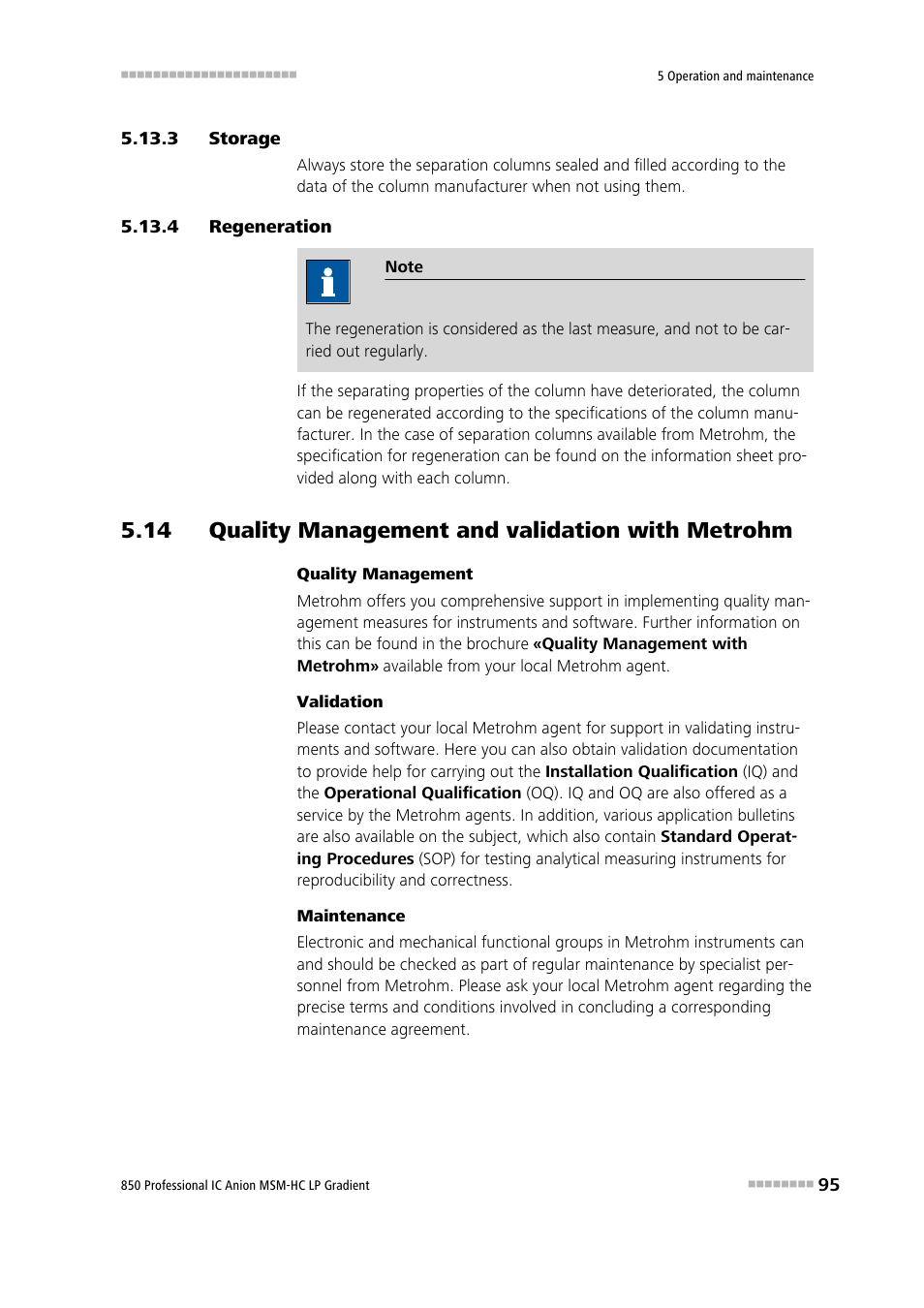 3 storage, 4 regeneration, 14 quality management and validation with metrohm | Storage, Regeneration | Metrohm 850 Professional IC Anion MSM-HC - LP-Gradient User Manual | Page 105 / 140