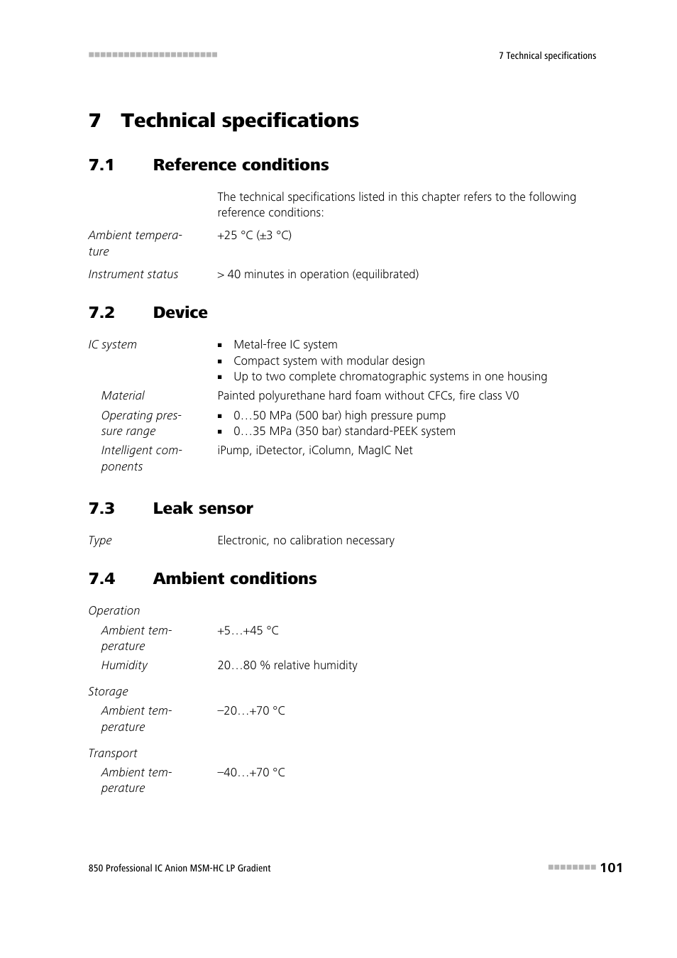 7 technical specifications, 1 reference conditions, 2 device | 3 leak sensor, 4 ambient conditions, Reference conditions, Device, Leak sensor, Ambient conditions | Metrohm 850 Professional IC Anion MSM-HC - LP-Gradient User Manual | Page 111 / 140