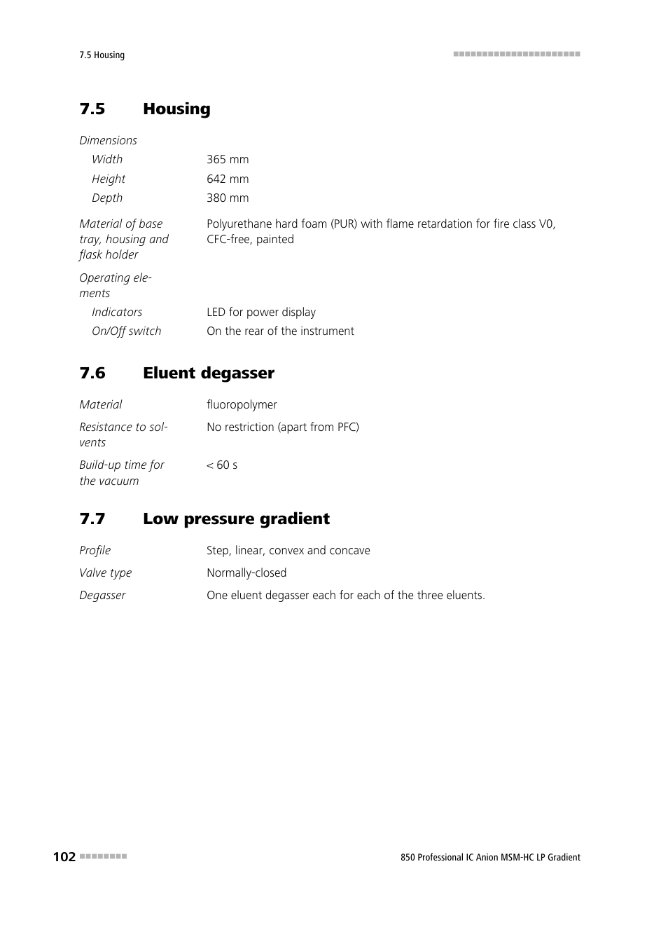 5 housing, 6 eluent degasser, 7 low pressure gradient | Housing, Eluent degasser, Low pressure gradient | Metrohm 850 Professional IC Anion MSM-HC - LP-Gradient User Manual | Page 112 / 140