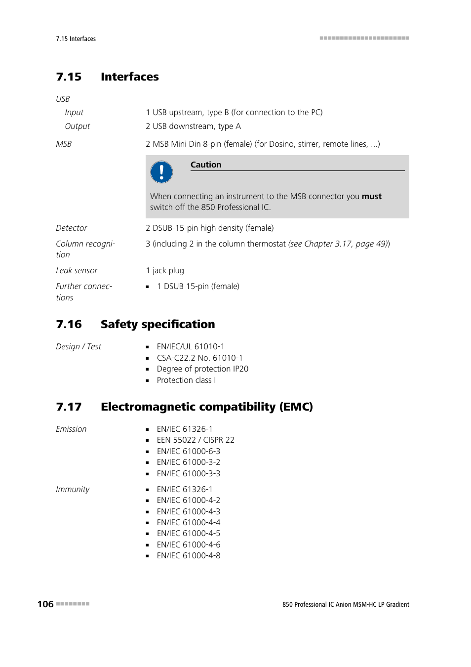 15 interfaces, 16 safety specification, 17 electromagnetic compatibility (emc) | Metrohm 850 Professional IC Anion MSM-HC - LP-Gradient User Manual | Page 116 / 140