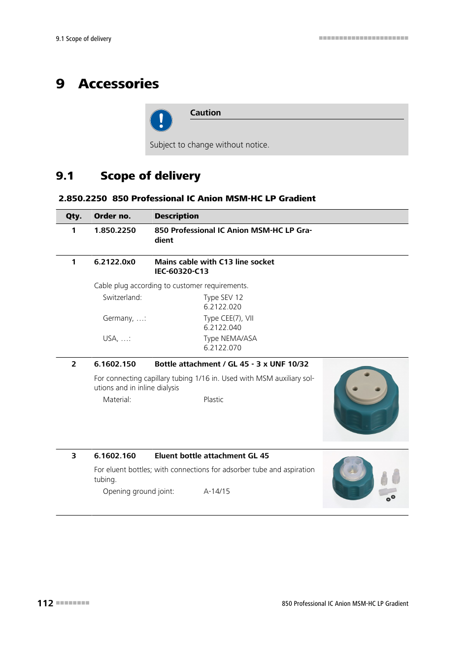 9 accessories, 1 scope of delivery, Scope of delivery | Metrohm 850 Professional IC Anion MSM-HC - LP-Gradient User Manual | Page 122 / 140