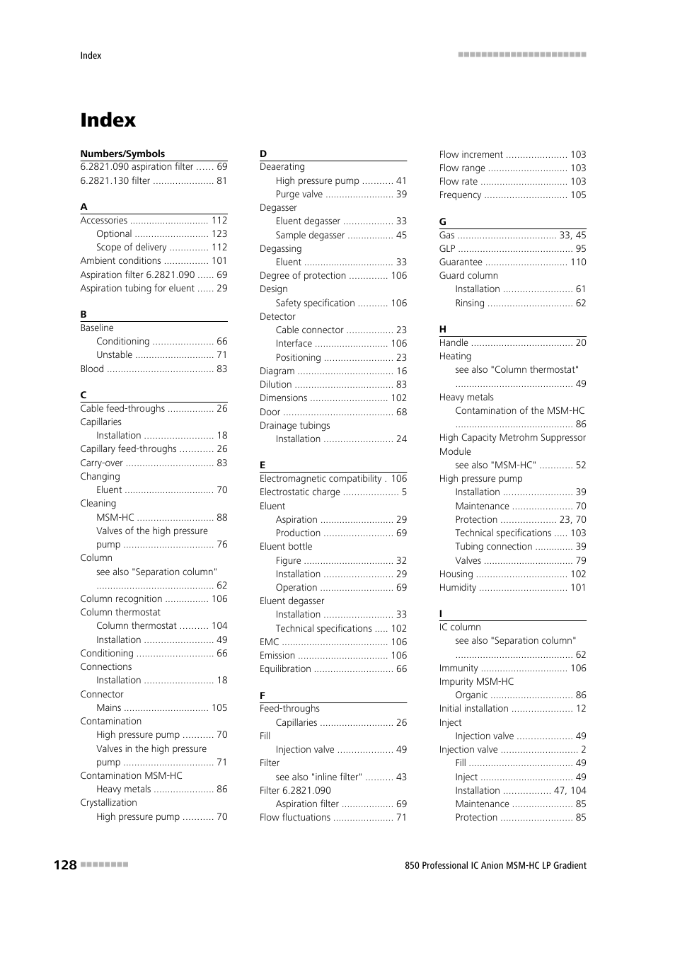 Index | Metrohm 850 Professional IC Anion MSM-HC - LP-Gradient User Manual | Page 138 / 140