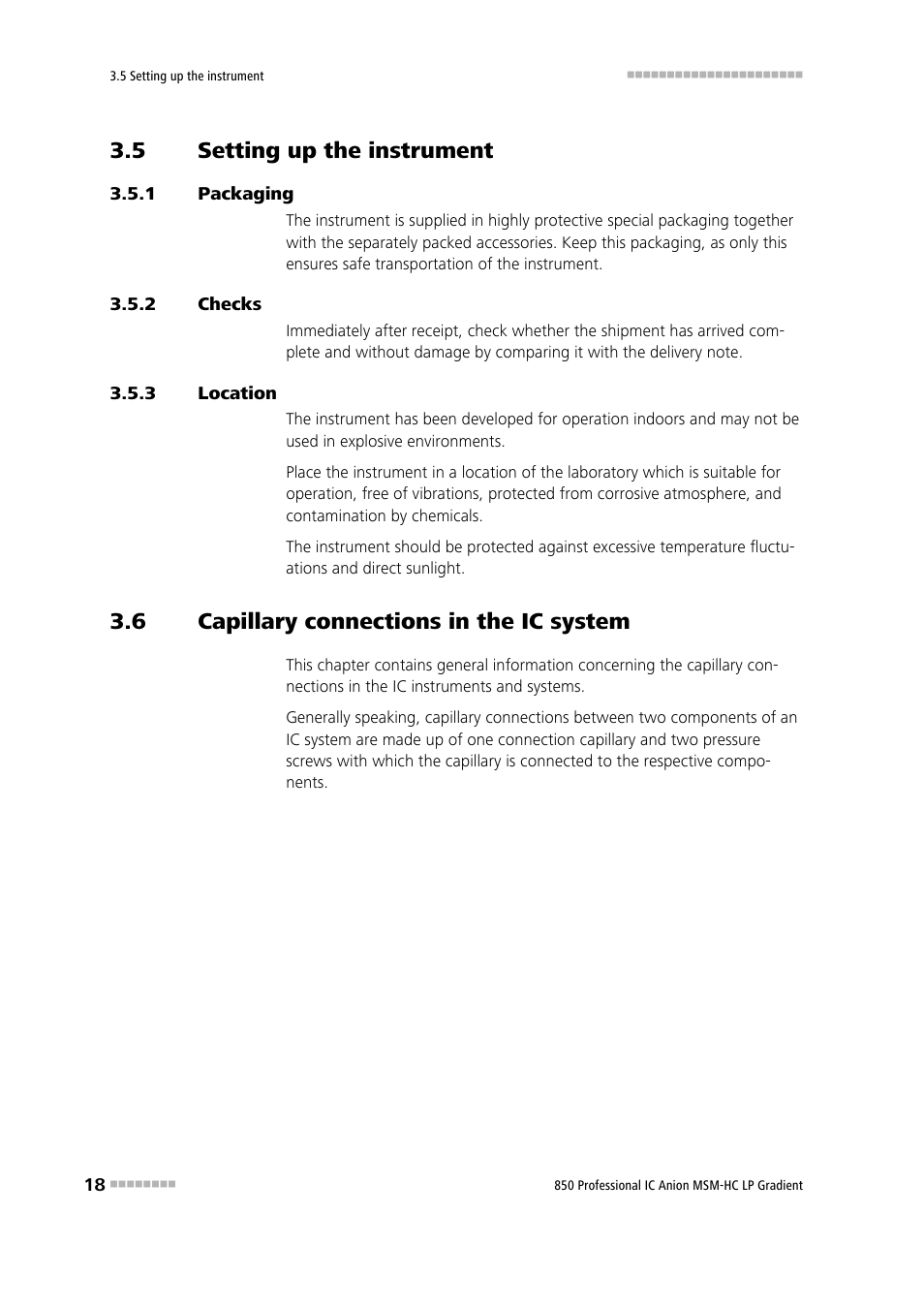 5 setting up the instrument, 1 packaging, 2 checks | 3 location, 6 capillary connections in the ic system, Setting up the instrument, Packaging, Checks, Location, Capillary connections in the ic system | Metrohm 850 Professional IC Anion MSM-HC - LP-Gradient User Manual | Page 28 / 140