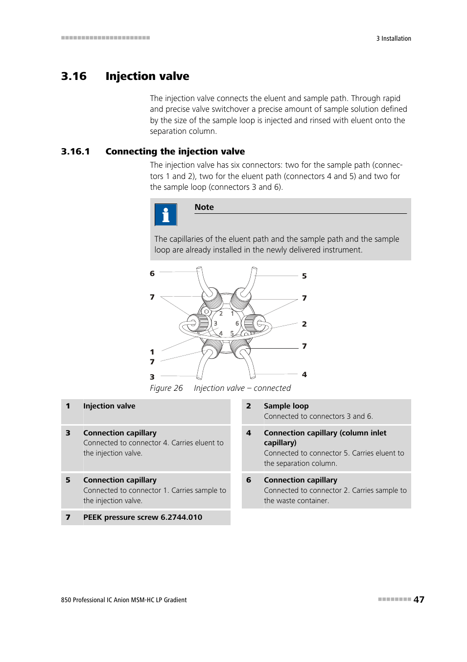 16 injection valve, 1 connecting the injection valve, Connecting the injection valve | Figure 26, Injection valve – connected | Metrohm 850 Professional IC Anion MSM-HC - LP-Gradient User Manual | Page 57 / 140