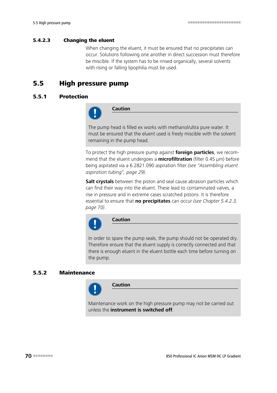 3 changing the eluent, 5 high pressure pump, 1 protection | 2 maintenance, High pressure pump, Protection, Maintenance | Metrohm 850 Professional IC Anion MSM-HC - LP-Gradient User Manual | Page 80 / 140