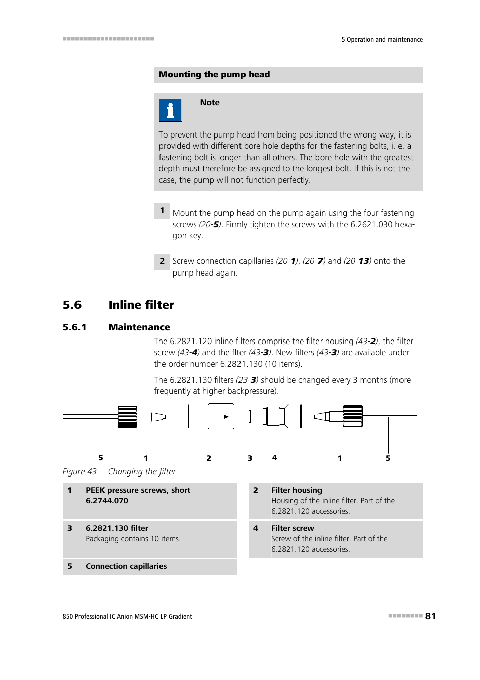 6 inline filter, 1 maintenance, Inline filter | Maintenance, Figure 43, Changing the filter | Metrohm 850 Professional IC Anion MSM-HC - LP-Gradient User Manual | Page 91 / 140