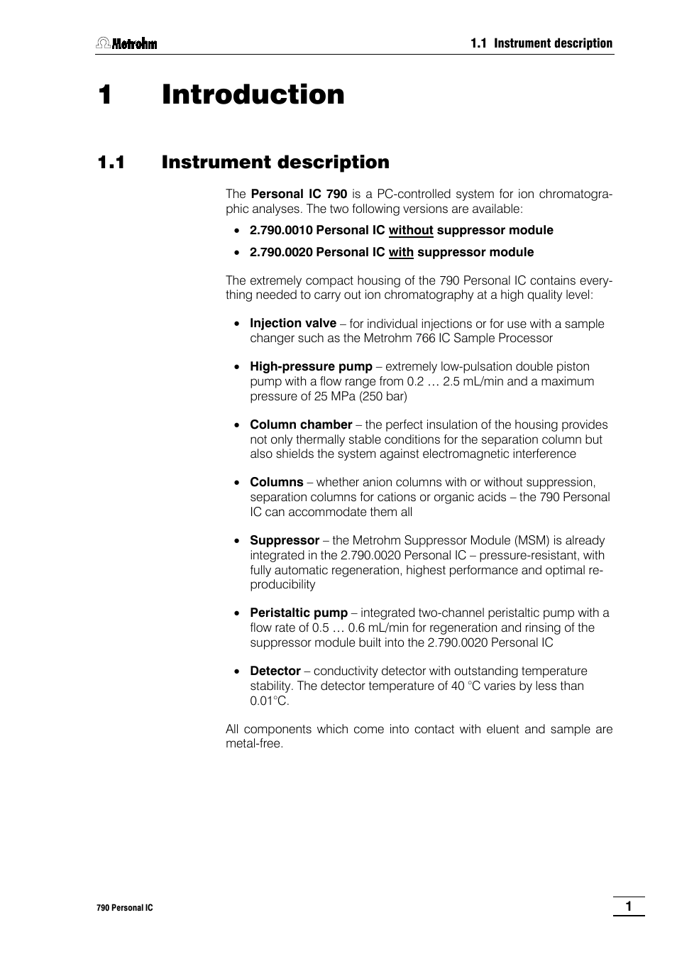 1 introduction, 1 instrument description, 1 instrument | Description | Metrohm 790 Personal IC User Manual | Page 10 / 207