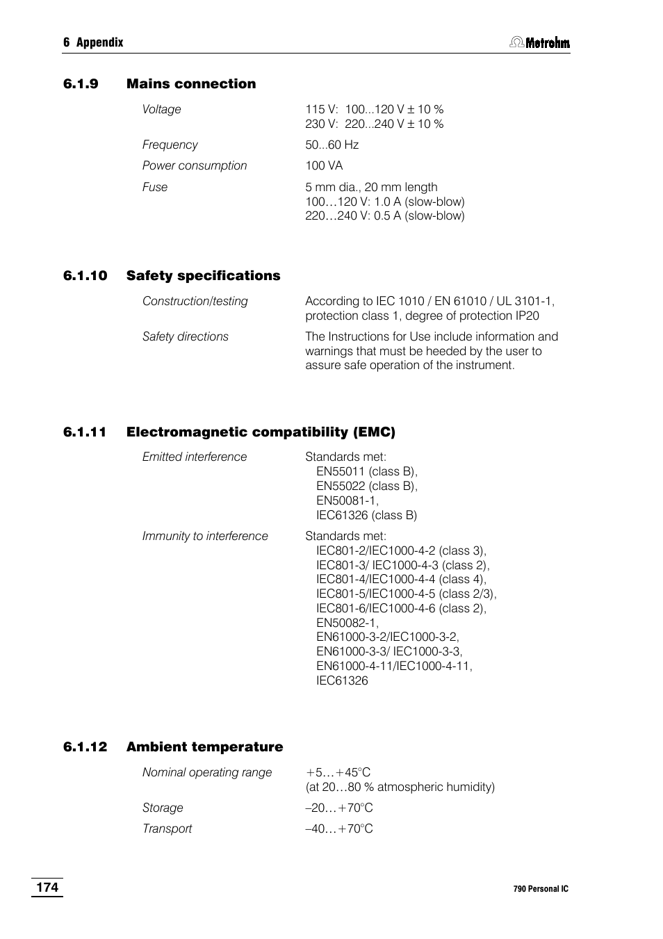 9 mains connection, 10 safety specifications, 11 electromagnetic compatibility (emc) | 12 ambient temperature | Metrohm 790 Personal IC User Manual | Page 183 / 207