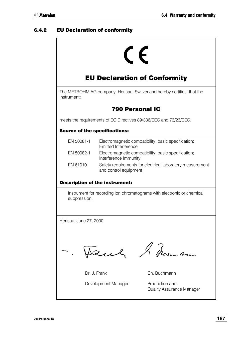2 eu declaration of conformity, Eu declaration of conformity, 790 personal ic | Metrohm 790 Personal IC User Manual | Page 196 / 207