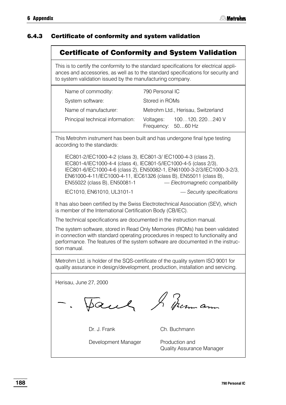 3 certificate of conformity and system validation, Certificate of conformity and system validation | Metrohm 790 Personal IC User Manual | Page 197 / 207