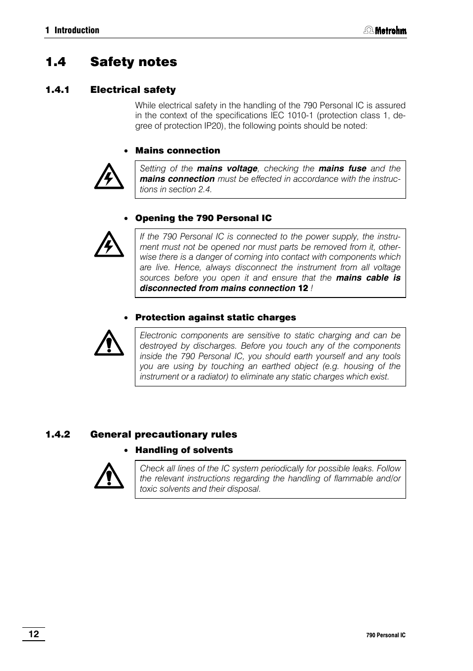 4 safety notes, 1 electrical safety, 2 general precautionary rules | 4 safety, Notes, 1 electrical, Safety | Metrohm 790 Personal IC User Manual | Page 21 / 207