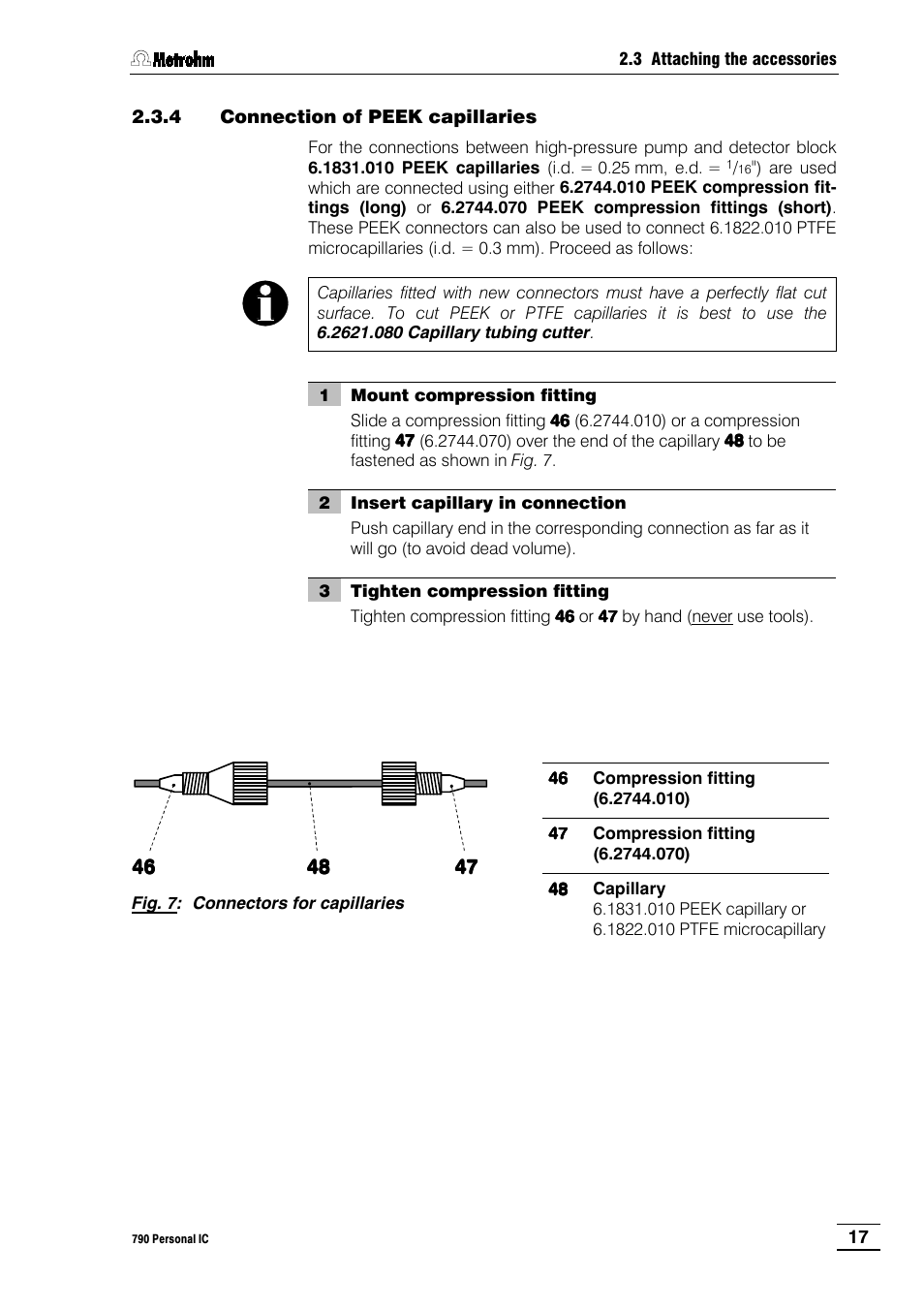 4 connection of peek capillaries | Metrohm 790 Personal IC User Manual | Page 26 / 207