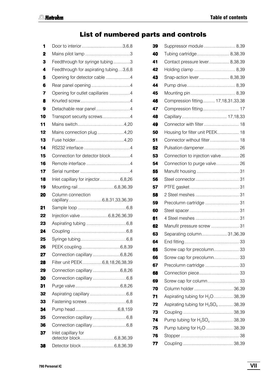 List of numbered parts and controls | Metrohm 790 Personal IC User Manual | Page 8 / 207