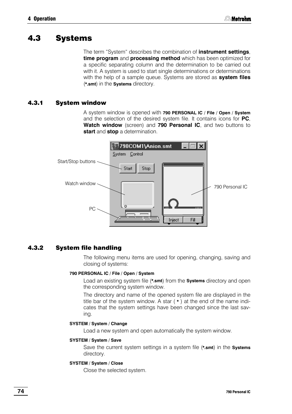 3 systems, 1 system window, 2 system file handling | 1 system, Window, 2 system file handling 4.3.3 system, Functions, 4 pc, Icon, 5 watch | Metrohm 790 Personal IC User Manual | Page 83 / 207