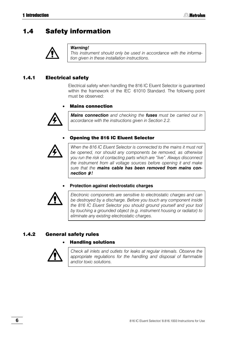 4 safety information, 1 electrical safety, 2 general safety rules | Safety information, Electrical safety, General safety rules | Metrohm 816 IC Eluent Selector User Manual | Page 12 / 32