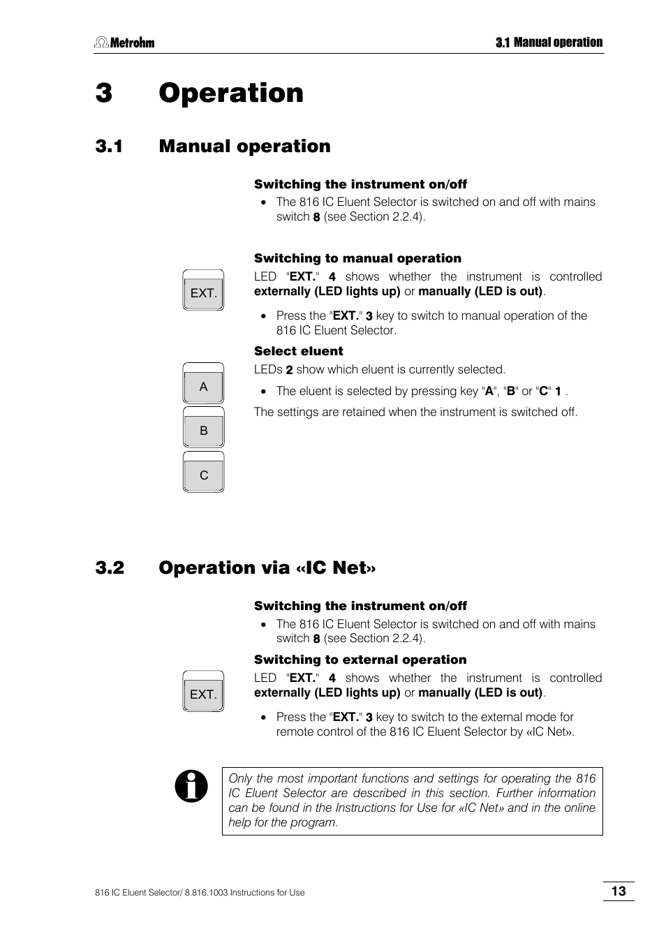 3 operation, 1 manual operation, 2 operation via «ic net | Operation, Manual operation, Operation via «ic net, Section 3 operation | Metrohm 816 IC Eluent Selector User Manual | Page 19 / 32