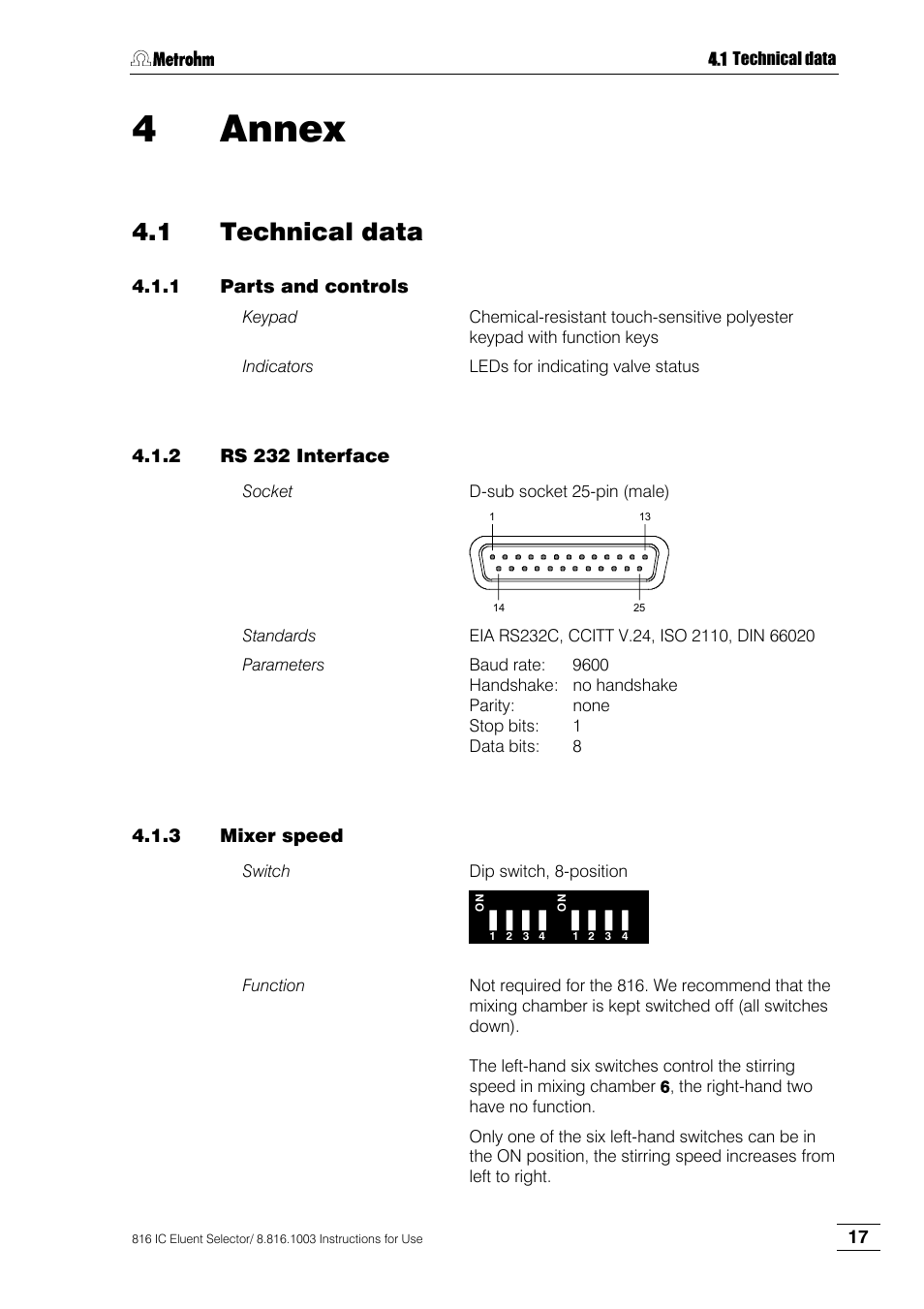 4 annex, 1 technical data, 1 parts and controls | 2 rs 232 interface, 3 mixer speed, Annex, Technical data, Parts and controls, Rs 232 interface, Mixer speed | Metrohm 816 IC Eluent Selector User Manual | Page 23 / 32