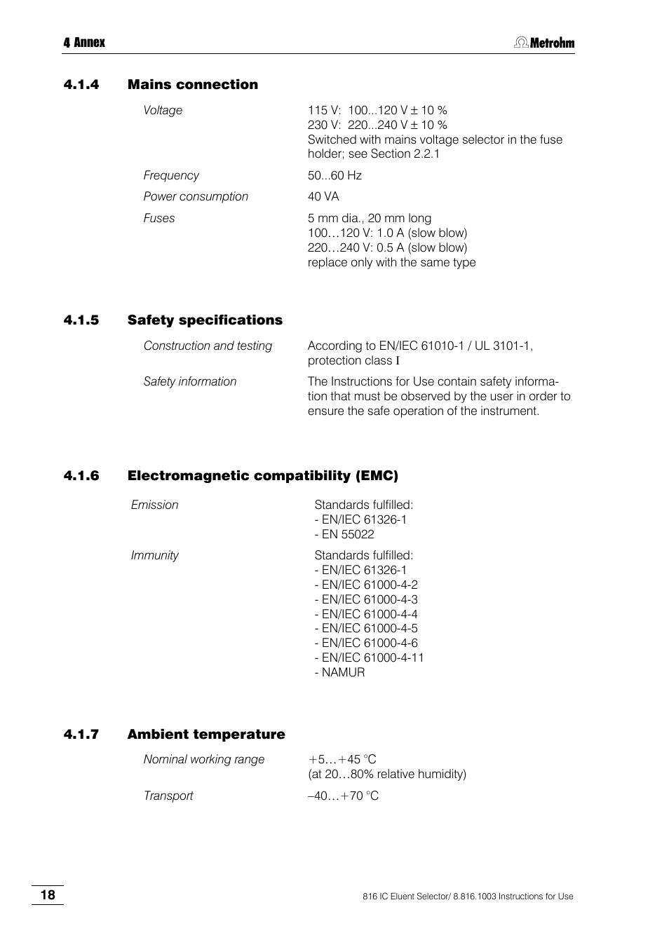 4 mains connection, 5 safety specifications, 6 electromagnetic compatibility (emc) | 7 ambient temperature, Mains connection, Safety specifications, Electromagnetic compatibility (emc), Ambient temperature | Metrohm 816 IC Eluent Selector User Manual | Page 24 / 32