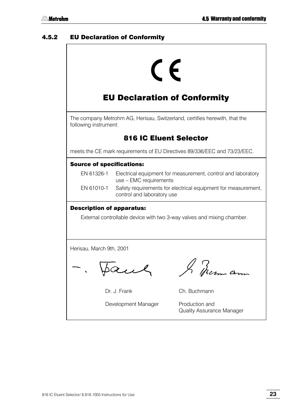 2 eu declaration of conformity, Eu declaration of conformity, 816 ic eluent selector | Metrohm 816 IC Eluent Selector User Manual | Page 29 / 32