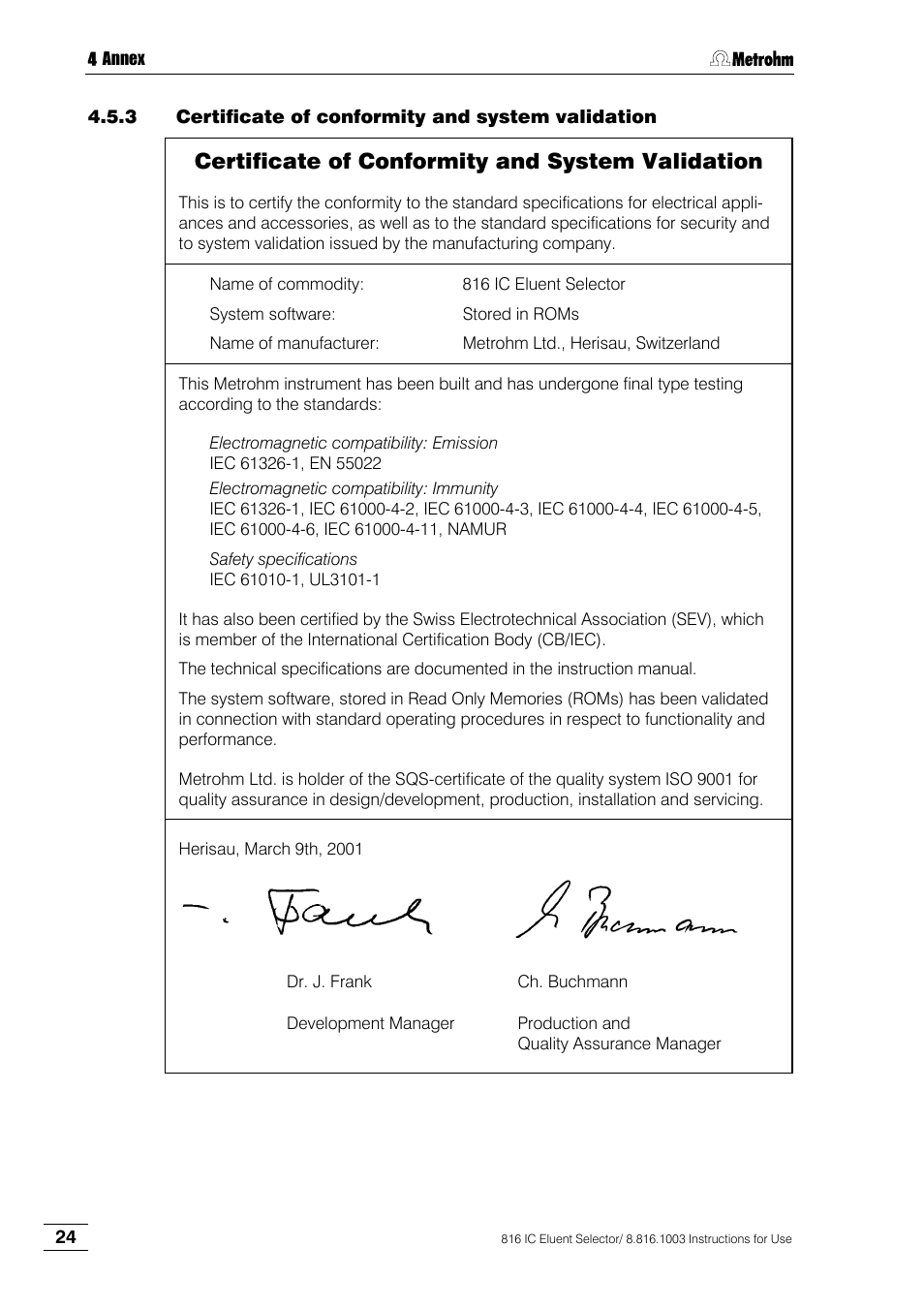 3 certificate of conformity and system validation, Certificate of conformity and system validation | Metrohm 816 IC Eluent Selector User Manual | Page 30 / 32