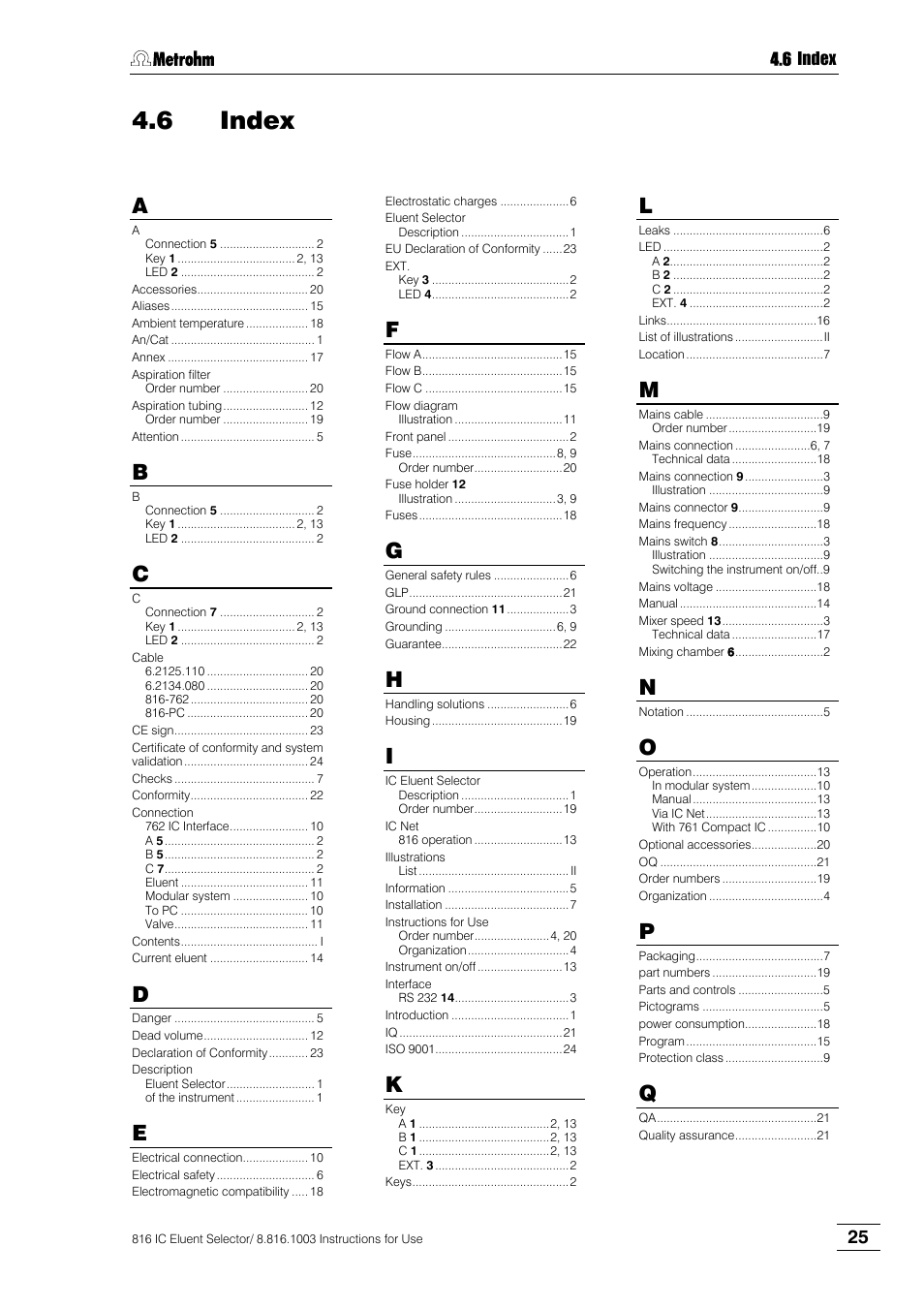 6 index, Index | Metrohm 816 IC Eluent Selector User Manual | Page 31 / 32