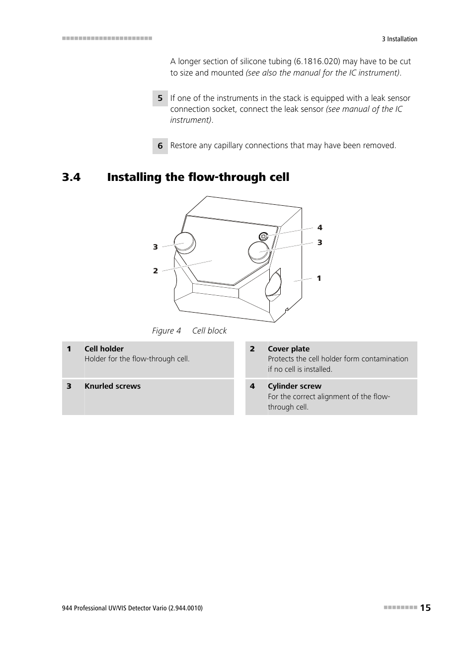 4 installing the flow-through cell, Installing the flow-through cell, Figure 4 | Cell block | Metrohm 944 Professional UV/VIS Detector Vario User Manual | Page 23 / 52