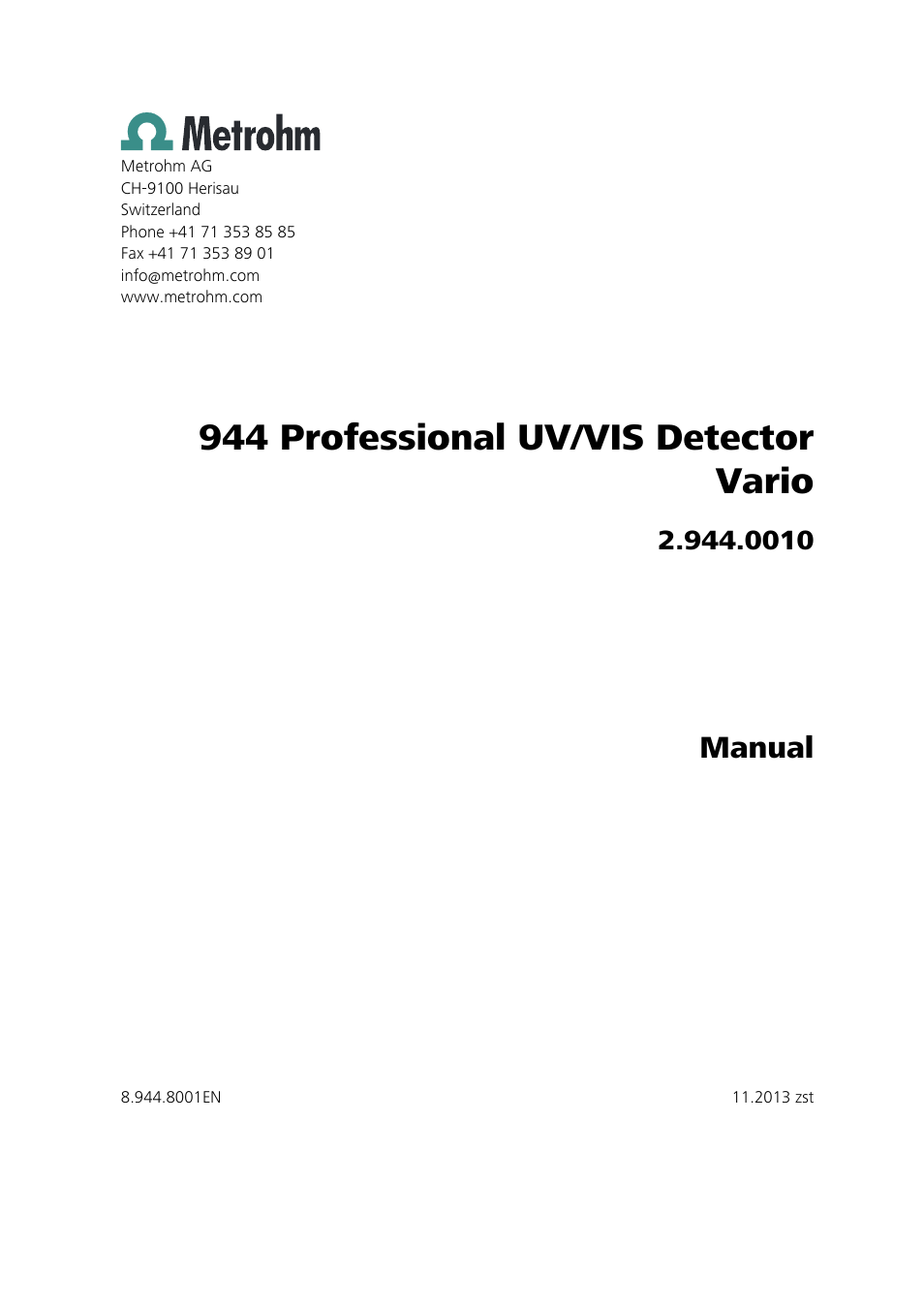 944 professional uv/vis detector vario, Manual | Metrohm 944 Professional UV/VIS Detector Vario User Manual | Page 3 / 52