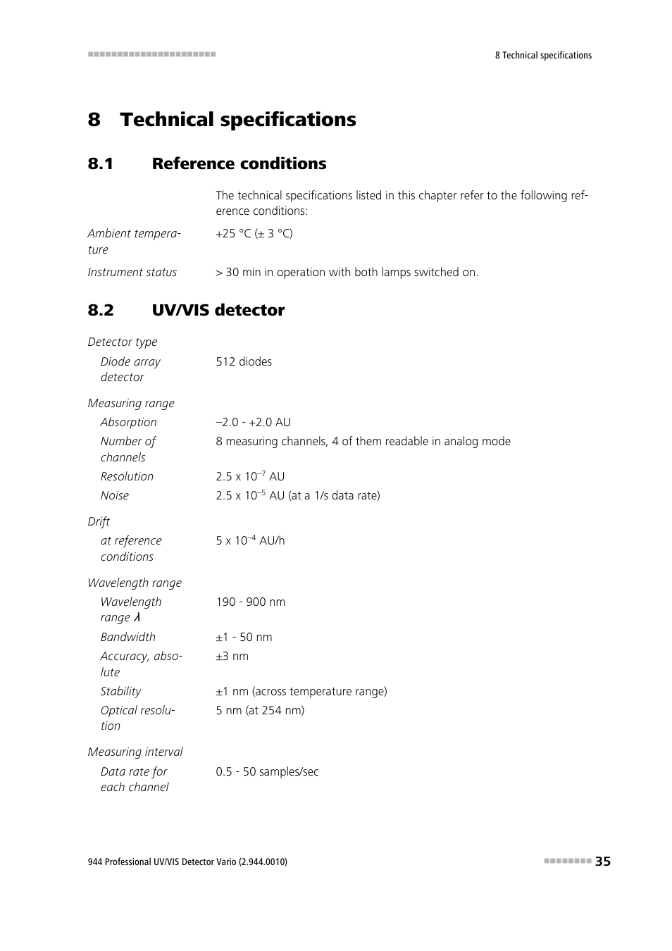 8 technical specifications, 1 reference conditions, 2 uv/vis detector | Reference conditions, Uv/vis detector | Metrohm 944 Professional UV/VIS Detector Vario User Manual | Page 43 / 52