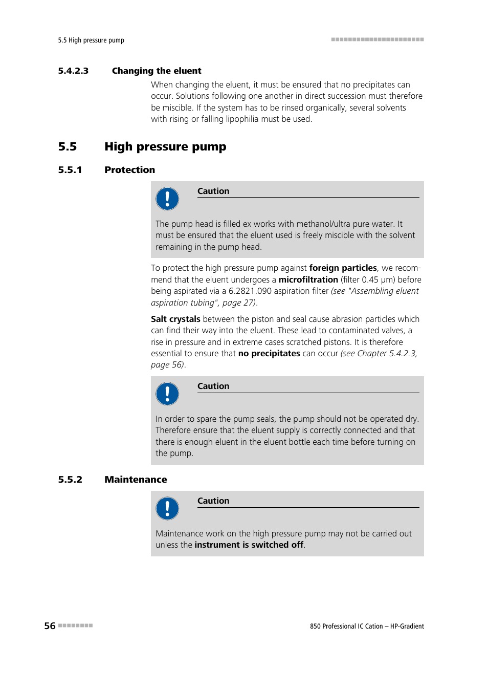 3 changing the eluent, 5 high pressure pump, 1 protection | 2 maintenance, High pressure pump, Protection, Maintenance | Metrohm 850 Professional IC Cation - Gradient User Manual | Page 64 / 108