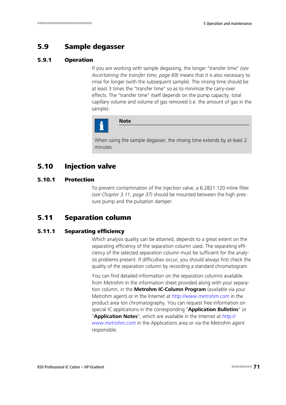 9 sample degasser, 1 operation, 10 injection valve | 1 protection, 11 separation column, 1 separating efficiency, Sample degasser, Operation, Protection, Separating efficiency | Metrohm 850 Professional IC Cation - Gradient User Manual | Page 79 / 108