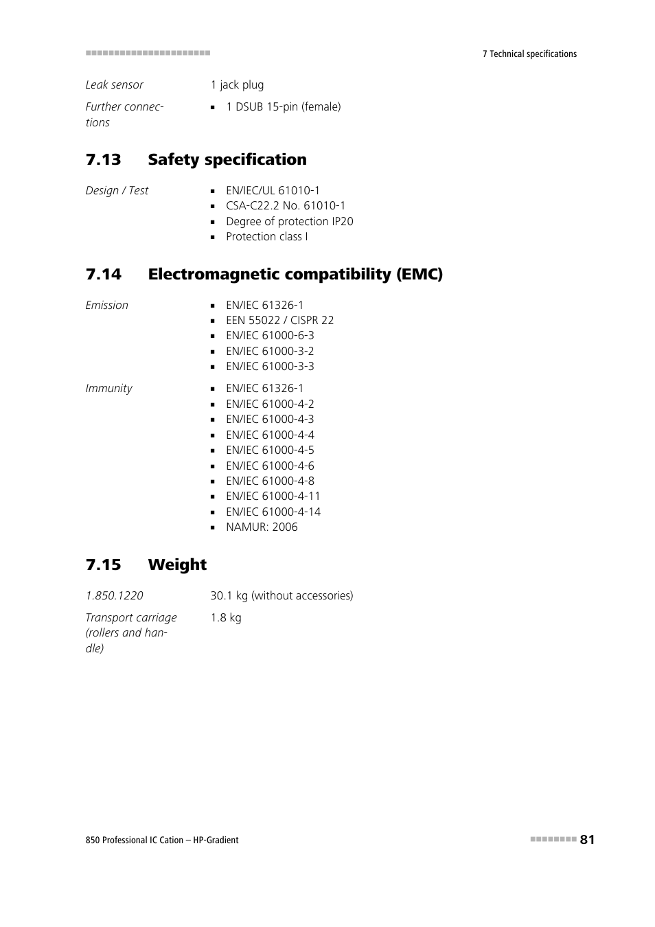 13 safety specification, 14 electromagnetic compatibility (emc), 15 weight | Metrohm 850 Professional IC Cation - Gradient User Manual | Page 89 / 108