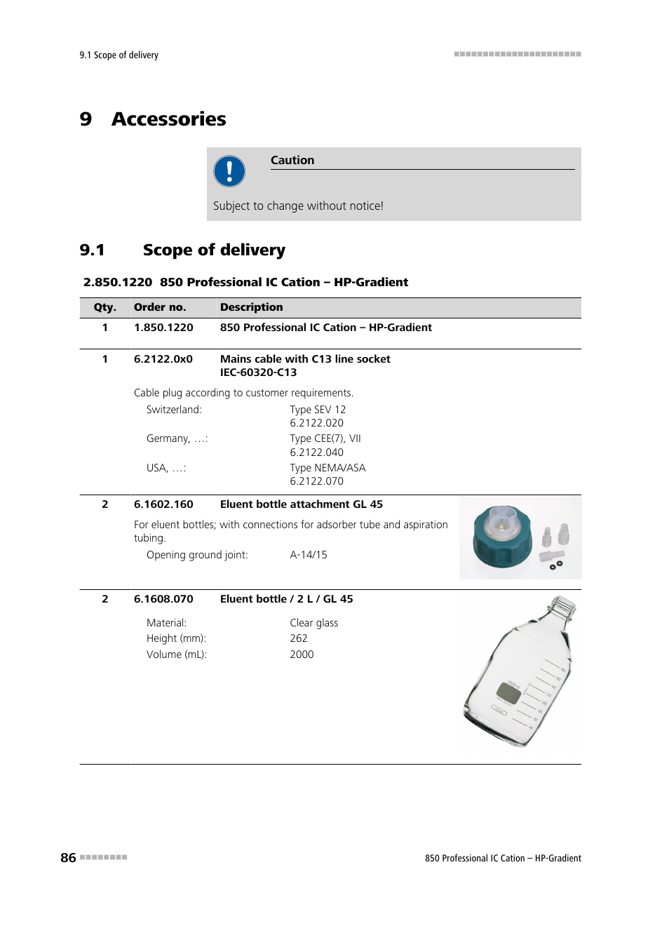 9 accessories, 1 scope of delivery, Scope of delivery | Metrohm 850 Professional IC Cation - Gradient User Manual | Page 94 / 108