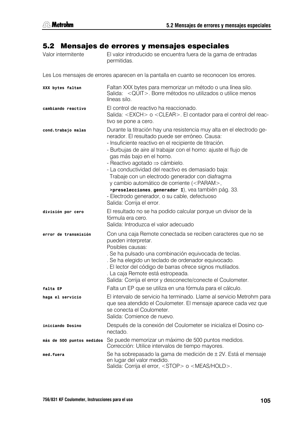 2 mensajes de errores y mensajes especiales | Metrohm 756 KF Coulometer User Manual | Page 113 / 162