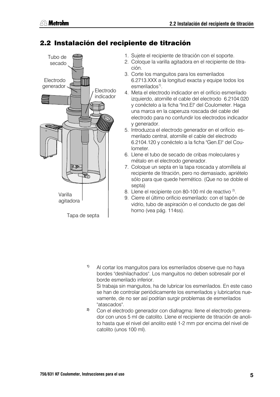 2 instalación del recipiente de titración, 3 la primera determinación | Metrohm 756 KF Coulometer User Manual | Page 13 / 162