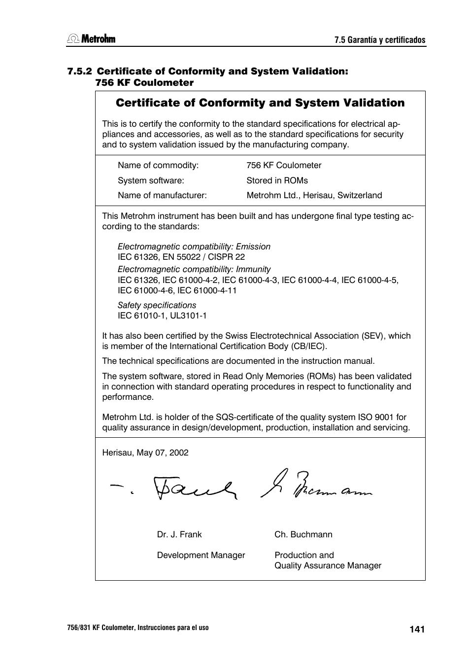 Certificate of conformity and system validation | Metrohm 756 KF Coulometer User Manual | Page 149 / 162