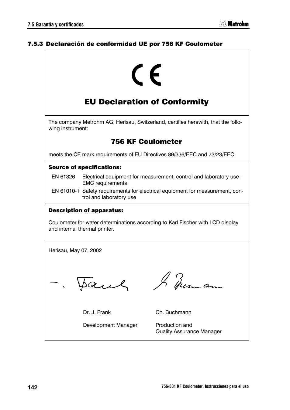 Eu declaration of conformity, 756 kf coulometer | Metrohm 756 KF Coulometer User Manual | Page 150 / 162