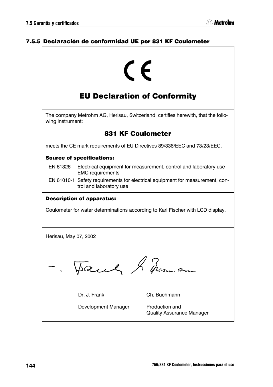 Eu declaration of conformity, 831 kf coulometer | Metrohm 756 KF Coulometer User Manual | Page 152 / 162