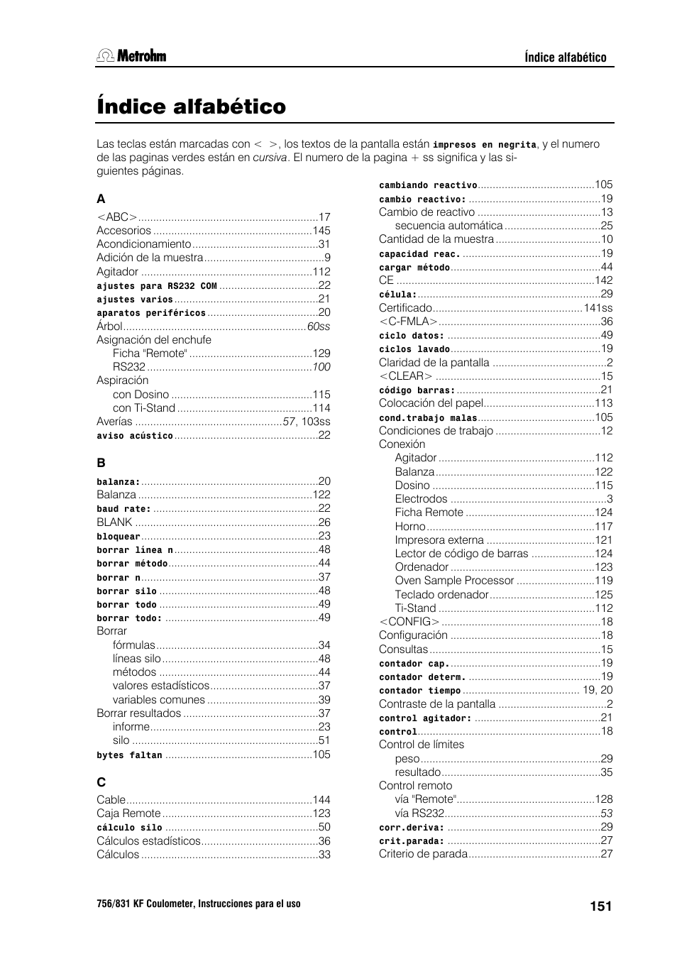 Índice alfabético | Metrohm 756 KF Coulometer User Manual | Page 159 / 162