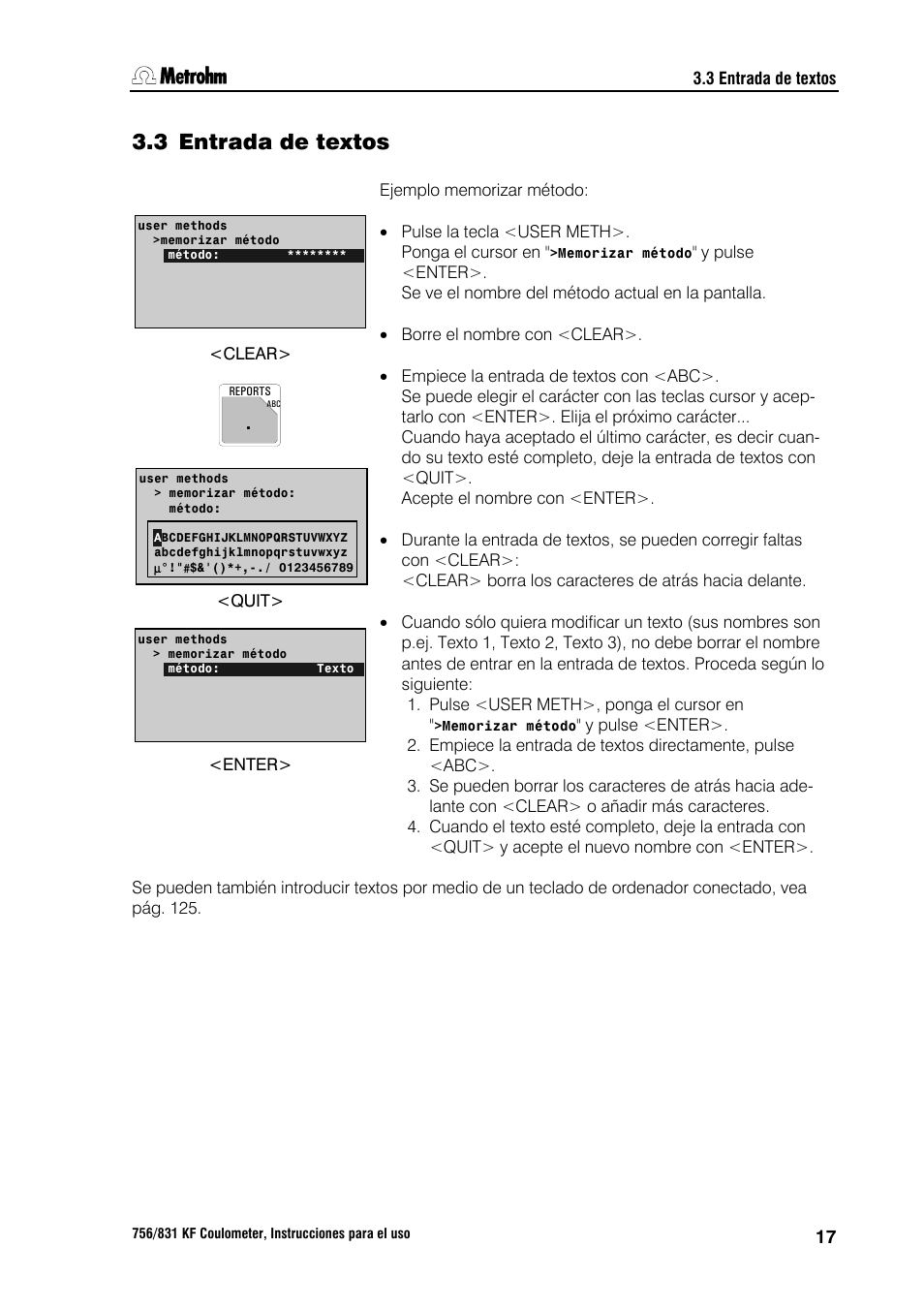 3 entrada de textos, 4 configuración, tecla <config | Metrohm 756 KF Coulometer User Manual | Page 25 / 162