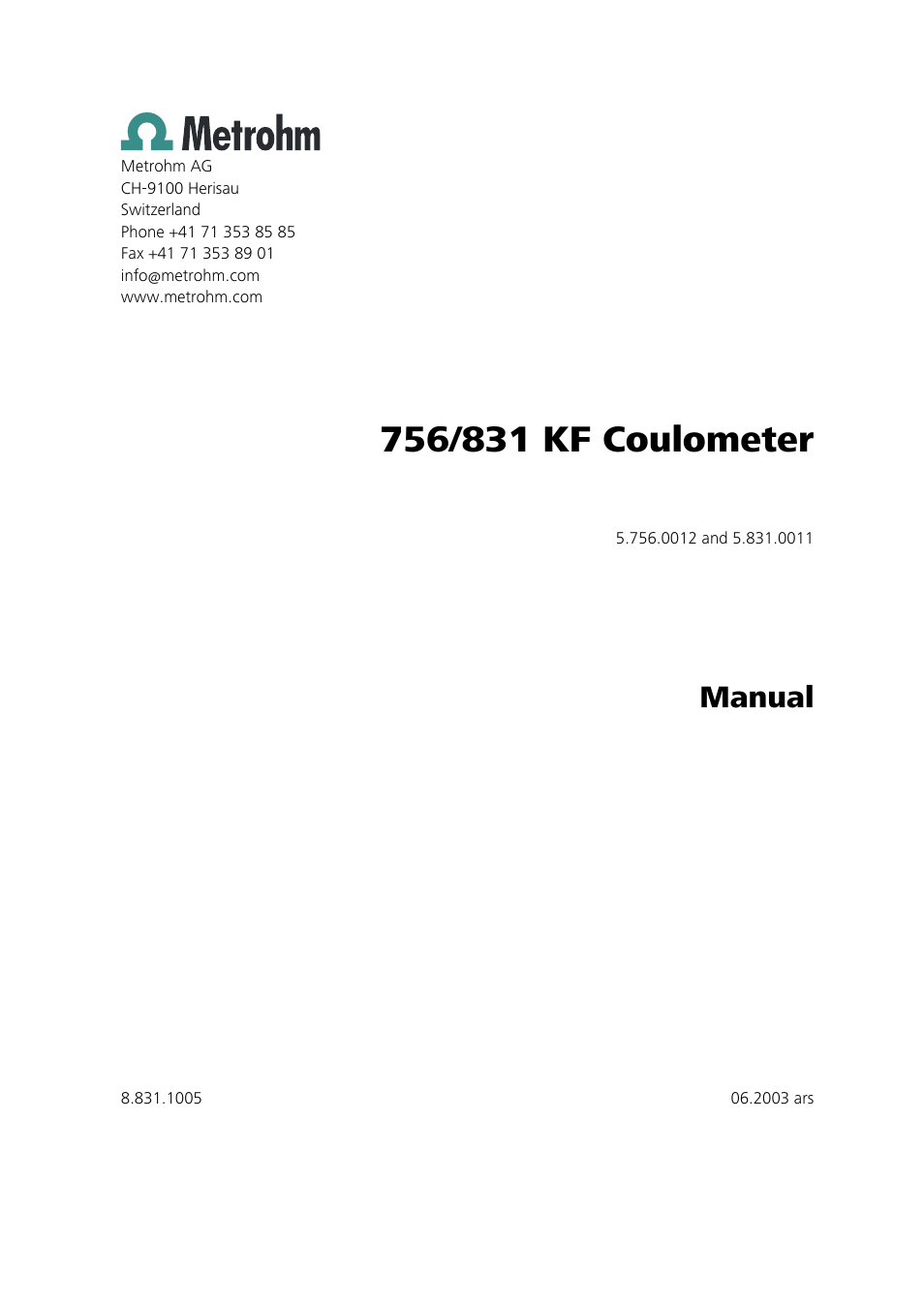 Manual | Metrohm 756 KF Coulometer User Manual | Page 3 / 162