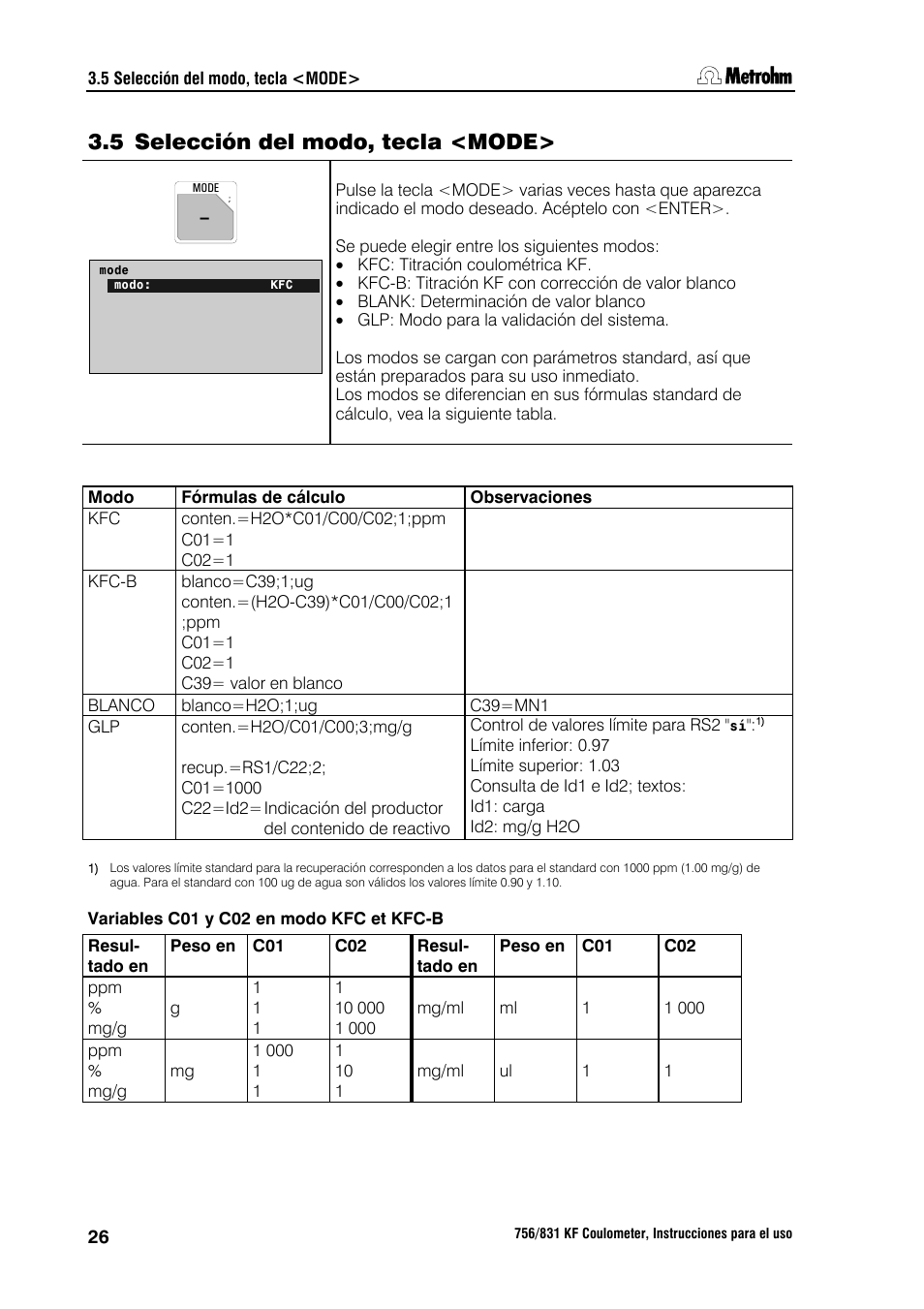 5 selección del modo, tecla <mode | Metrohm 756 KF Coulometer User Manual | Page 34 / 162