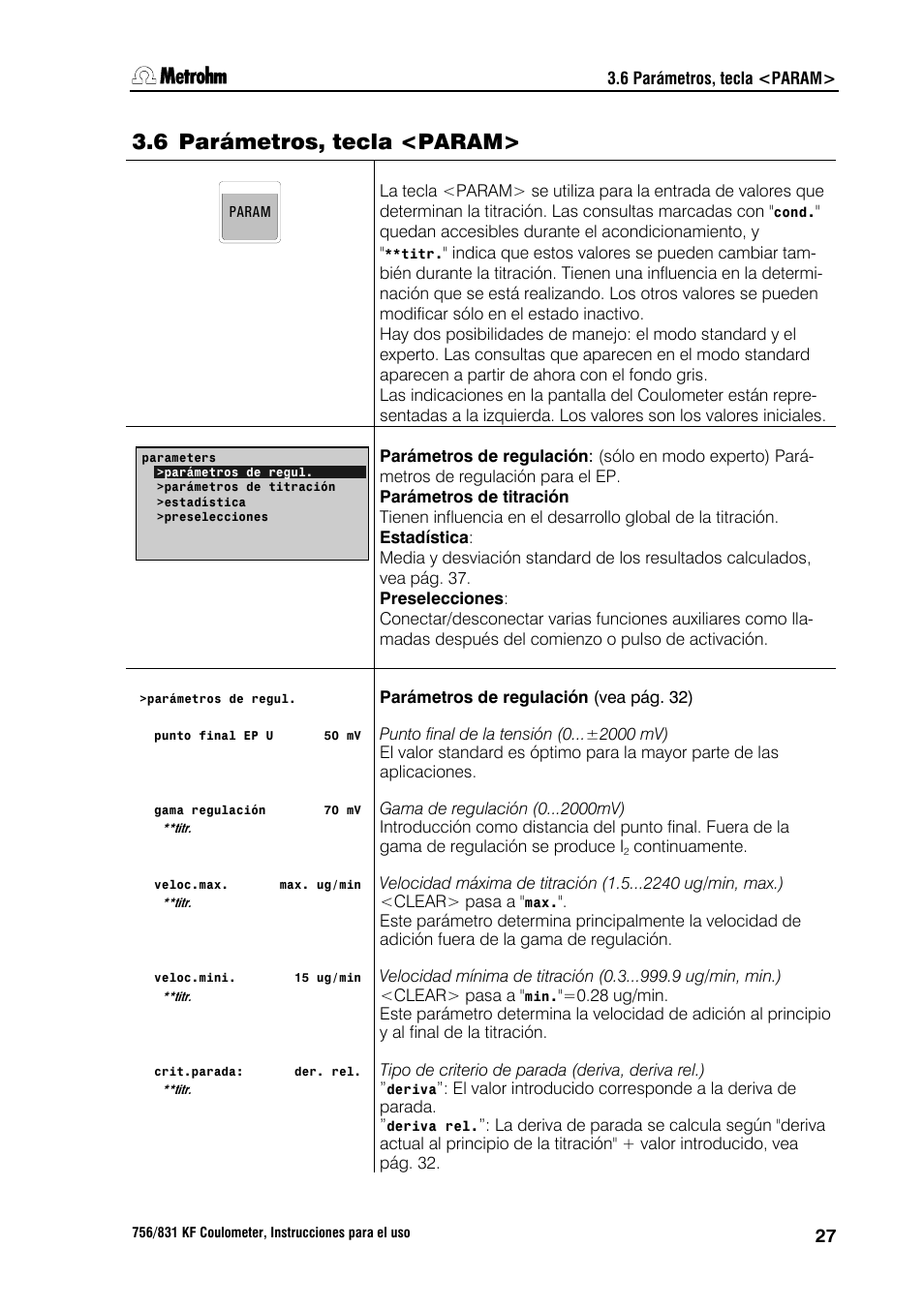 6 parámetros, tecla <param | Metrohm 756 KF Coulometer User Manual | Page 35 / 162