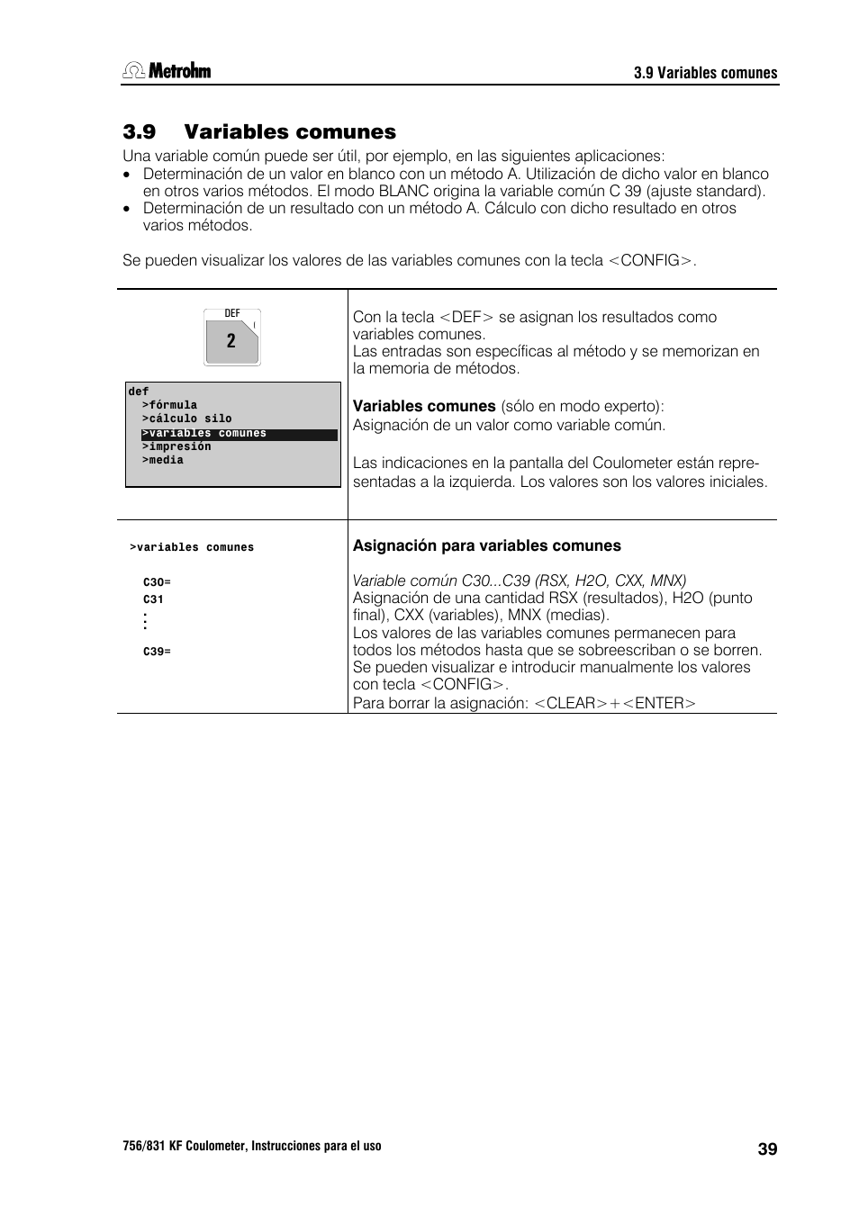 9 variables comunes, 10 emisión de datos | Metrohm 756 KF Coulometer User Manual | Page 47 / 162