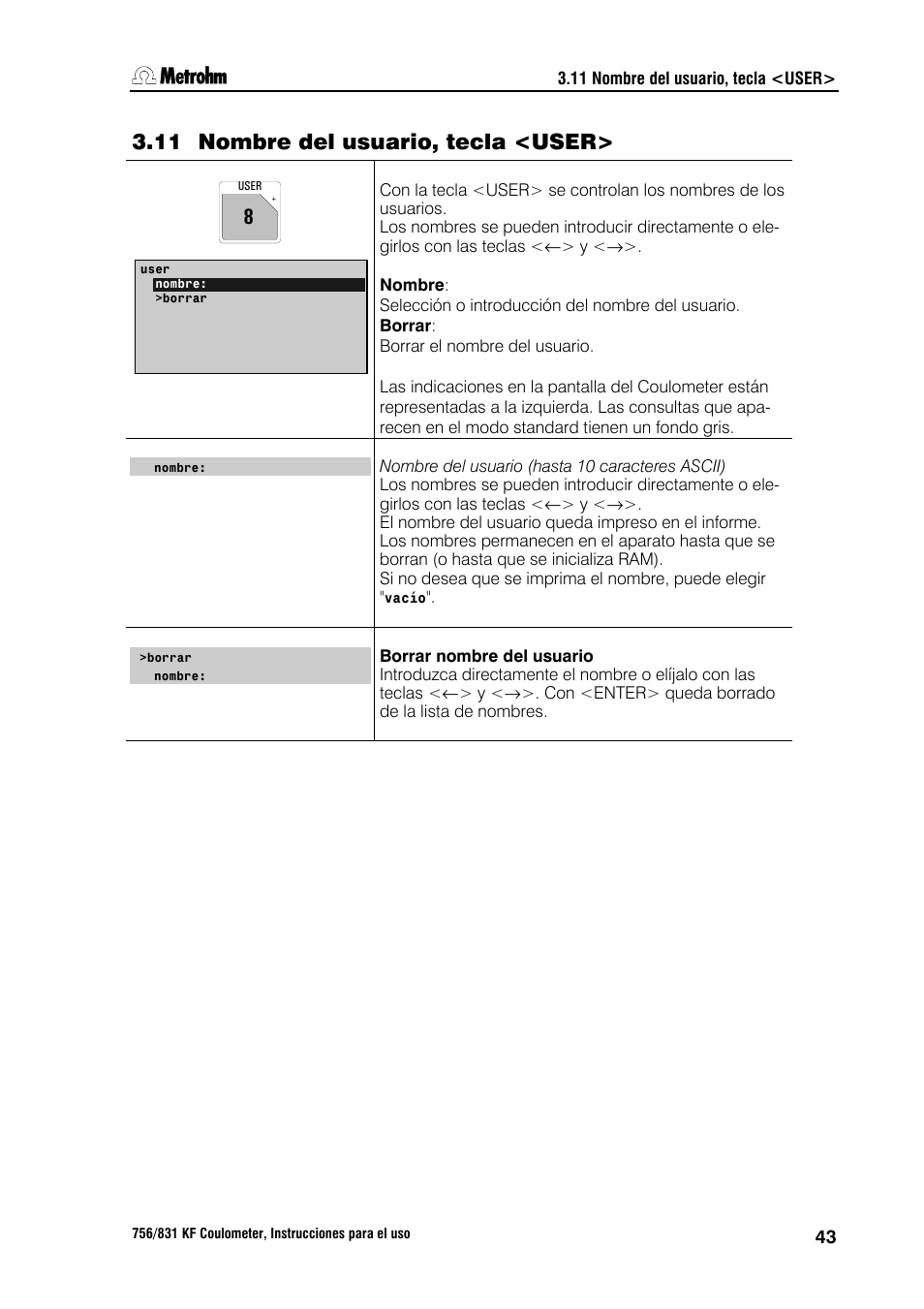 11 nombre del usuario, tecla <user, 12 memoria de métodos, tecla <user meth | Metrohm 756 KF Coulometer User Manual | Page 51 / 162