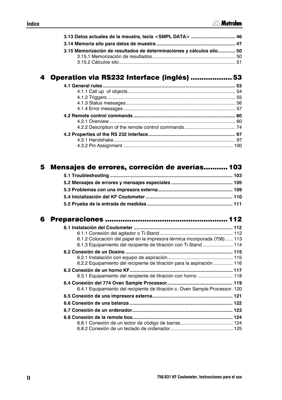 4 operation via rs232 interface (inglés), 5 mensajes de errores, correción de averías, 6 preparaciones | Metrohm 756 KF Coulometer User Manual | Page 6 / 162