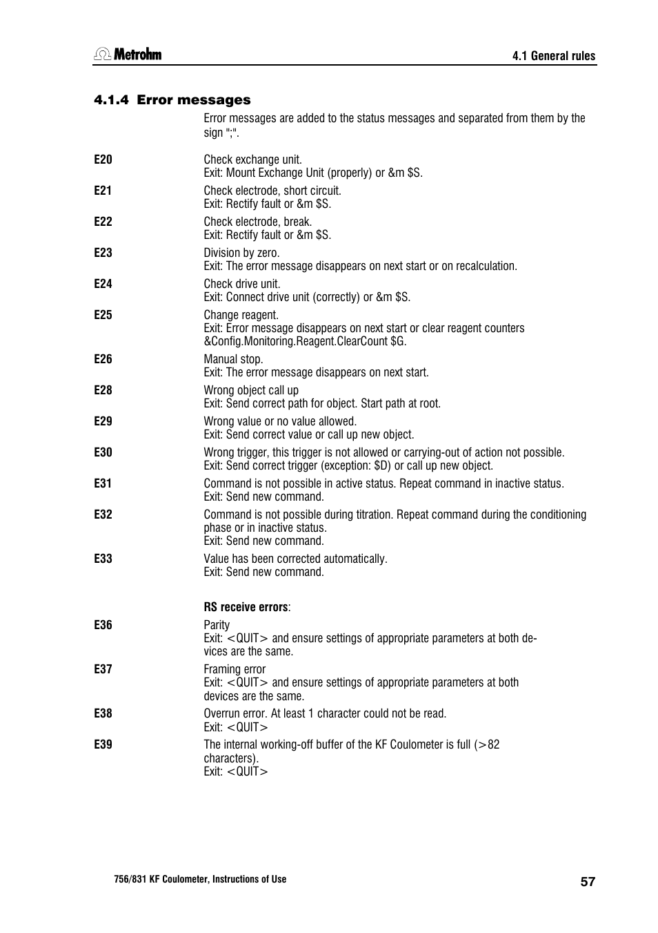 4 error messages | Metrohm 756 KF Coulometer User Manual | Page 65 / 162