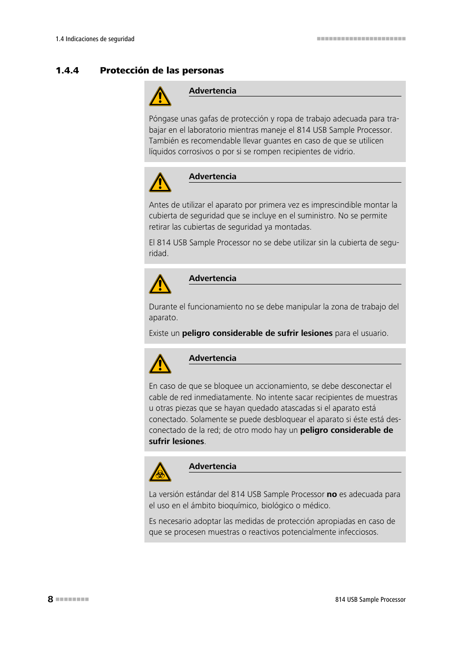 4 protección de las personas, Protección de las personas | Metrohm 814 USB Sample Processor User Manual | Page 16 / 91