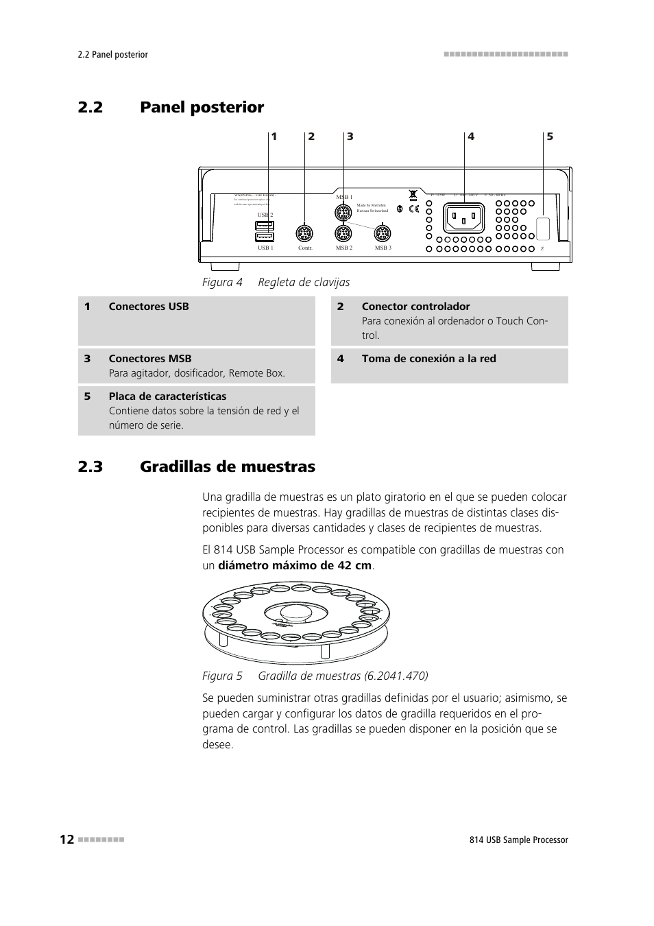 2 panel posterior, 3 gradillas de muestras, Panel posterior | Gradillas de muestras, Figura 4, Regleta de clavijas, Figura 5, Gradilla de muestras (6.2041.470) | Metrohm 814 USB Sample Processor User Manual | Page 20 / 91